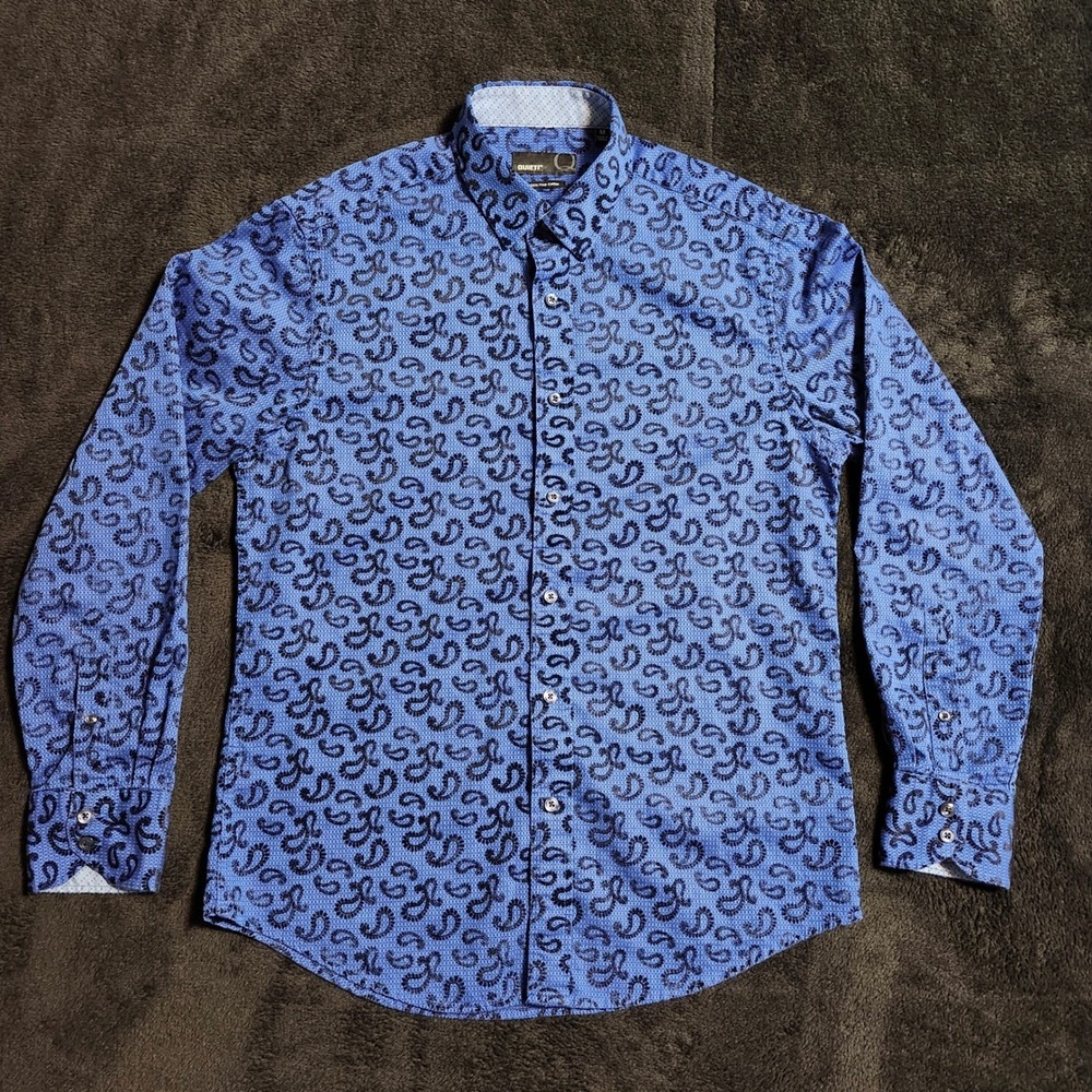Quieti Mens Blue Black Flocked Paisley Cotton Button Down Shirt Size Medium
